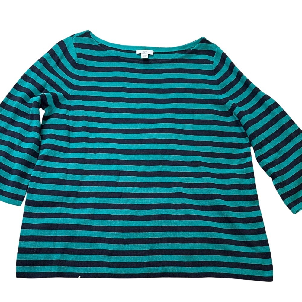 J. Jill Striped Boat Neck 3/4 Sleeve Knit Top Teal Navy Blue Petite Medium
